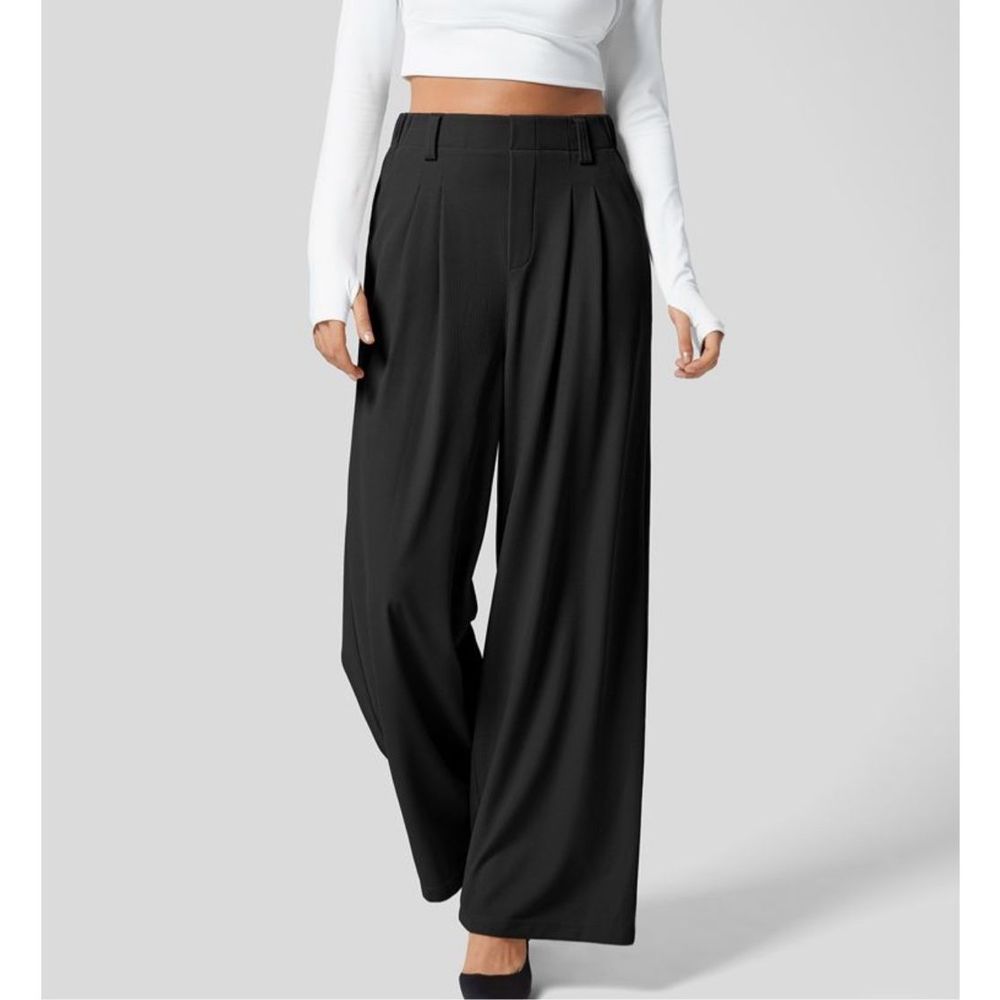 Halara High Waisted Plicated Side Pocket Wide Leg Waffle Pants Black Size S
